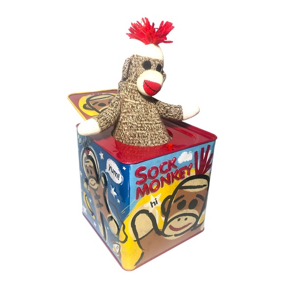 Toys Sock Monkey Jack In The Box Schylling Windup Tin Toy Musical